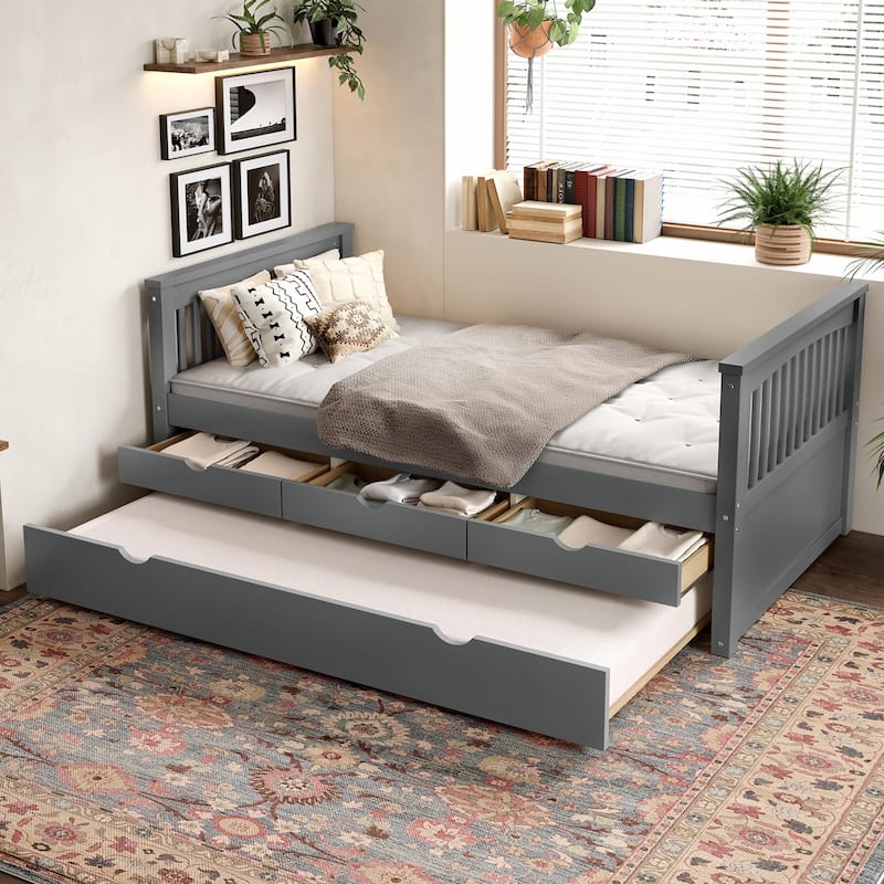 Roomfitters Platform Daybed with Trundle and Drawers, Solid Wood Bed Frame for Guest Rooms