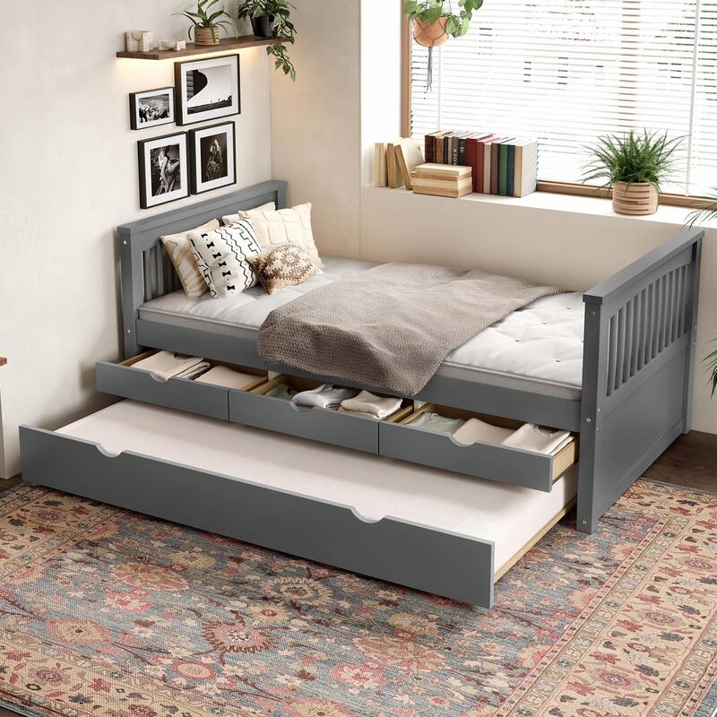 Twin Size Wooden Daybed with Trundle Bed and 3 Drawers, Solid Wood Platform Sofa Bed Frame, No Box Spring Needed