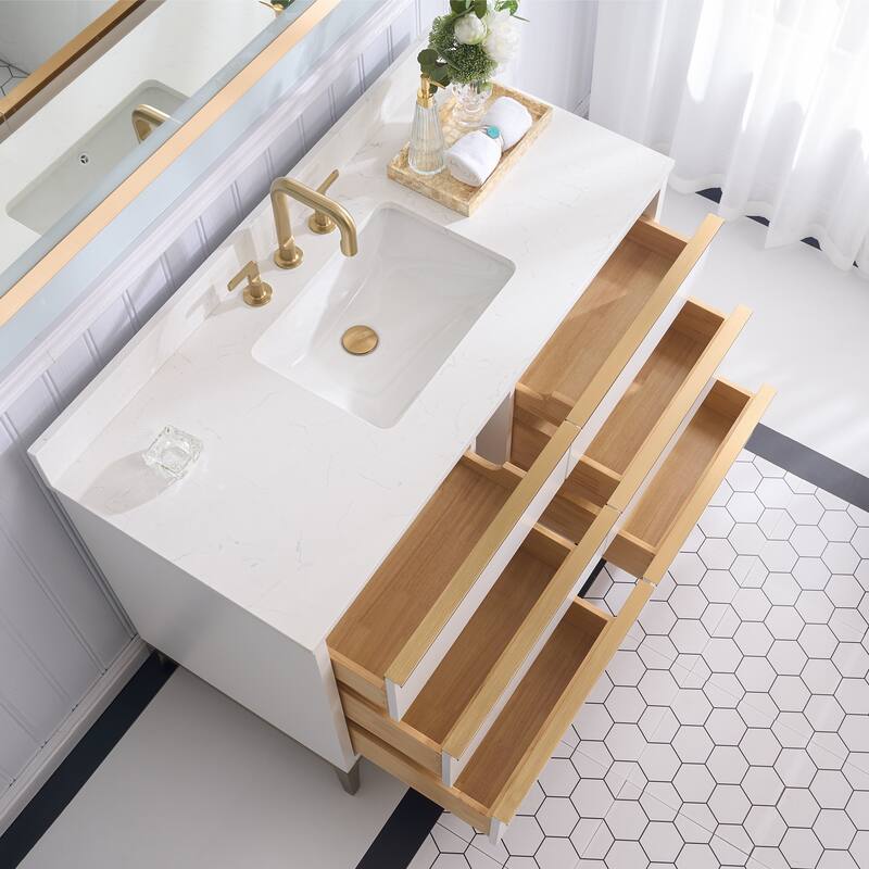 36"/48"/60" W Width Solid Wood Bathroom Vanity with Stain-resistant Carrera White Quartz Top and Sink