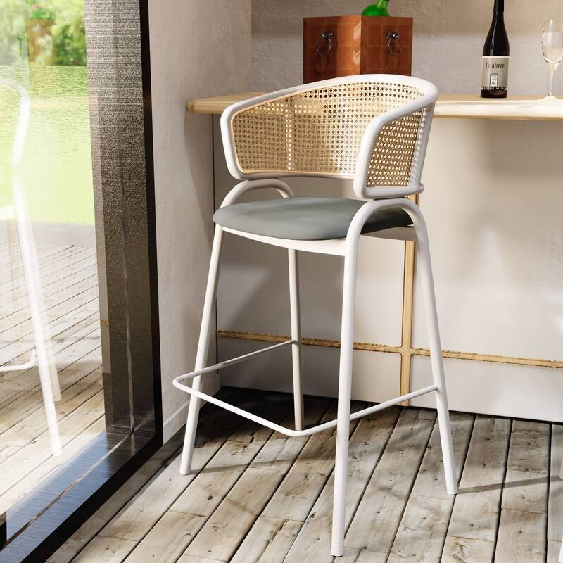 Ervilla Modern Leather Bar Stool with Curved Wicker Backrest and White Stainless Steel Frame for Dining Room or Kitchen Seating