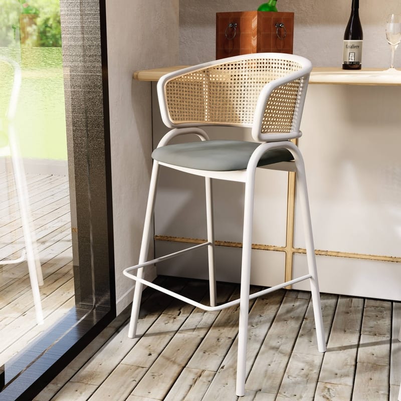 Ervilla Modern Leather Bar Stool with Curved Wicker Backrest and White Stainless Steel Frame for Dining Room or Kitchen Seating