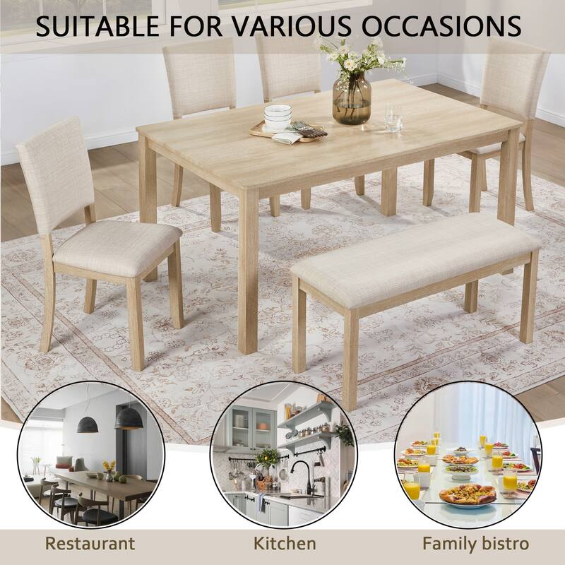 6-Piece Dining Table Set, Wooden Rectangular Kitchen Table Set with Bench and 4 Upholstered Chairs for Kitchen, Dining Room