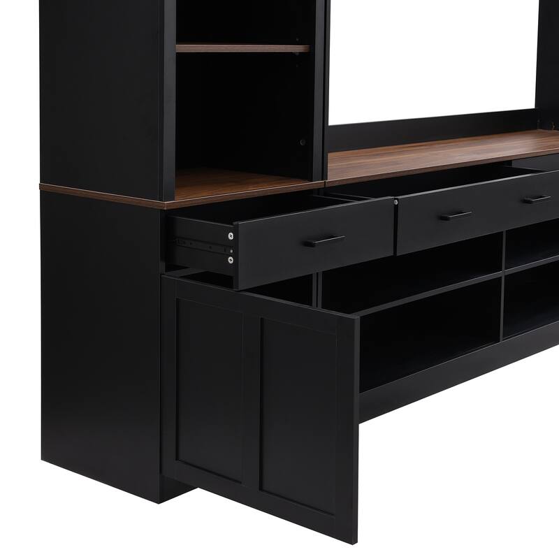 108.2" Media Wall Unit with Two Tone Walnut and Black Finish with Wine Racks