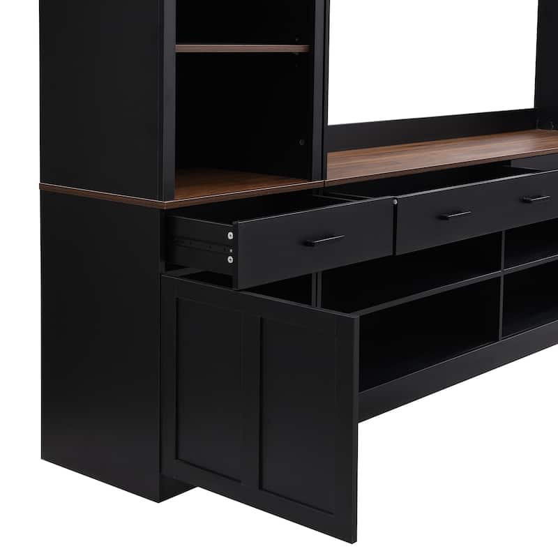 Roomfitters Mid-Century 4-Piece Entertainment Wall Unit with Bookshelves, TV Stand for TVs up to 70" withShelves and Wine Rack