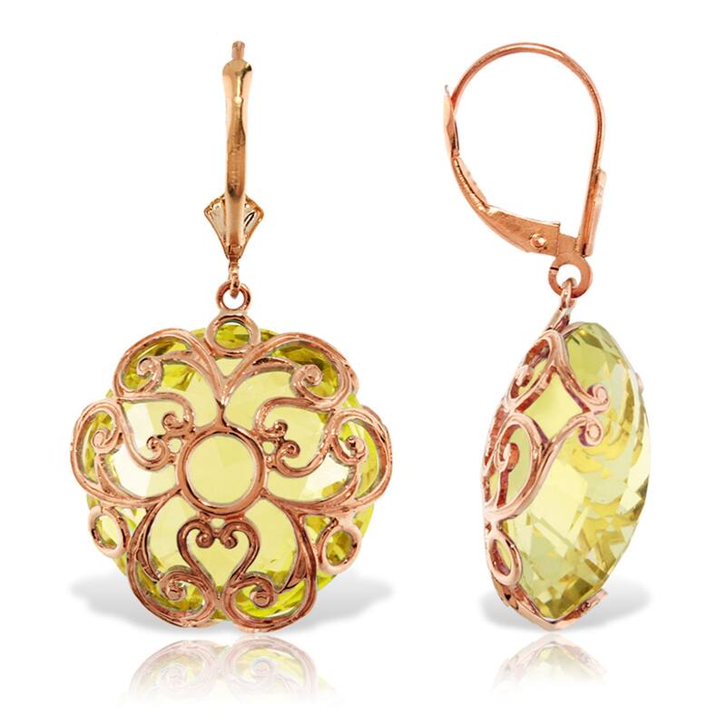 14K Solid Gold Leverback Gemstone Earrings Round Lemon Quartz Jewelry