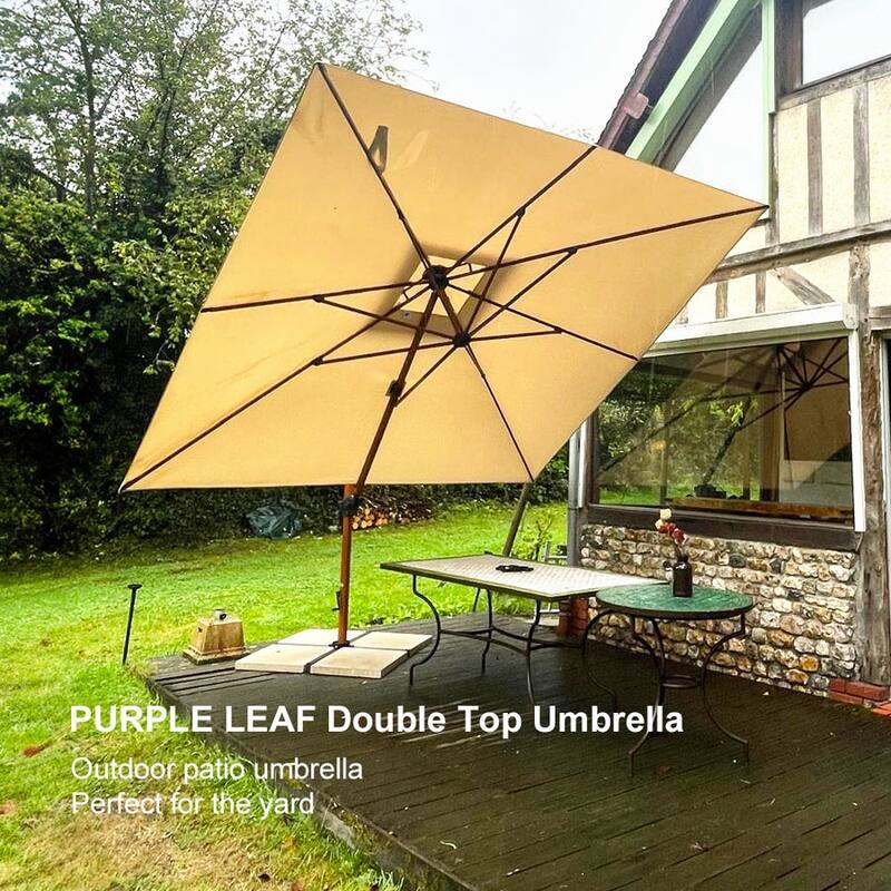 PURPLE LEAF 11ft Square Wood Pattern Patio Cantilever Umbrella with Base