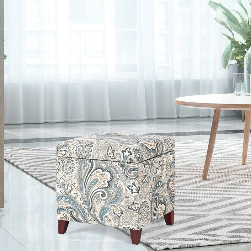 Adeco Floral Printed Linen Cube Storage Ottoman Footrest Footstool