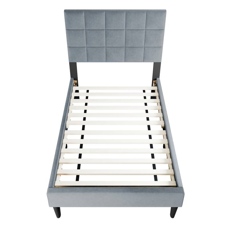 Adjustable Headboard Twin Bed with Brushed Linen Fabric and Biscuit Tufting Design