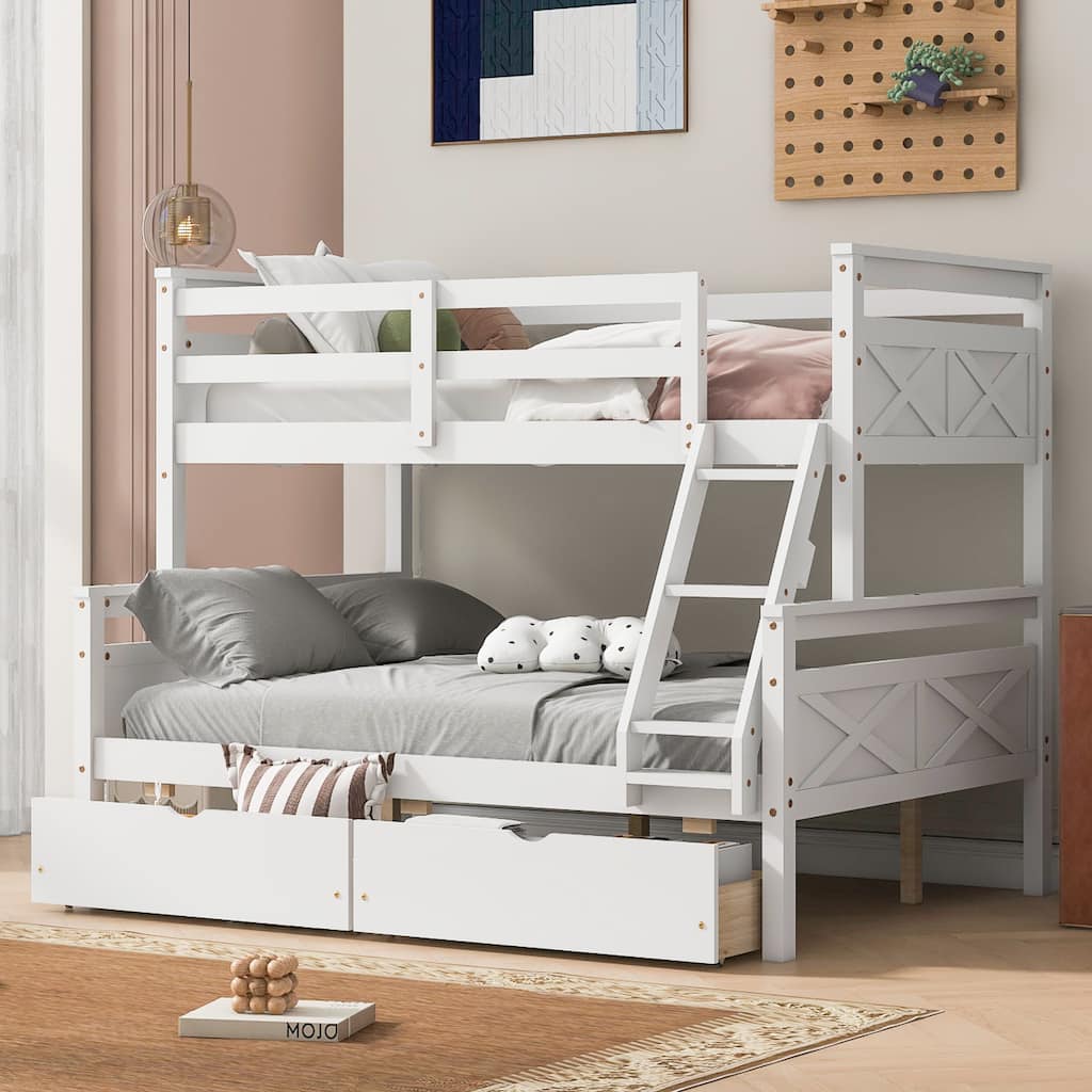 Twin over Full Pine Wood Bunk Bed with Ladder and Two Storage Drawers