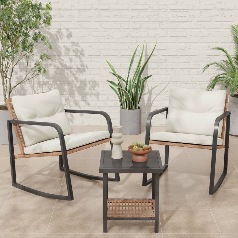 Outdoor 3 Piece Rocking Chair Furniture Chair Set - White