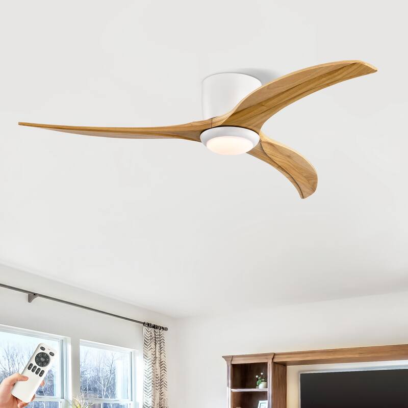52" Flush Mount Fan Light, 3 PCS Solid Wood Blades Ceiling Fan with Lights Remote Control, Quiet DC Motor, 6 Speed