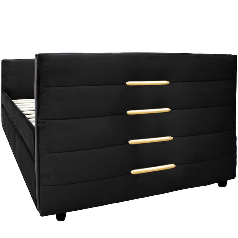 Black Velvet Upholstered Daybed with Gold Accent Strips & Trundle, Twin Sofa Bed for Bedroom, Livingroom, No Box Spring Required