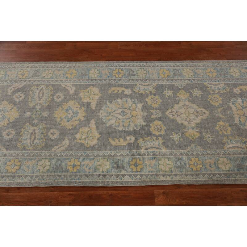 Hand Knotted Oriental 100% Wool Carpet Transitional Floral Greys & Charcoal Oushak Runner Rug - 14' 7'' X 3' 4''