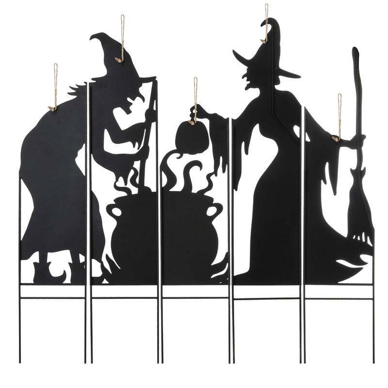 Glitzhome 34.5"H Set of 5 Halloween Metal Silhouette Witches with Cauldron Yard Stake (Two function)