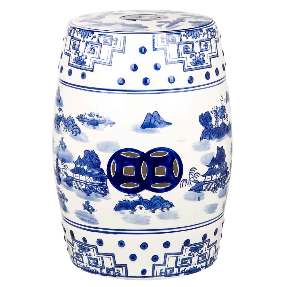 SAFAVIEH Ciriaca Mist Chinoiserie Blue Ceramic Decorative Garden Stool