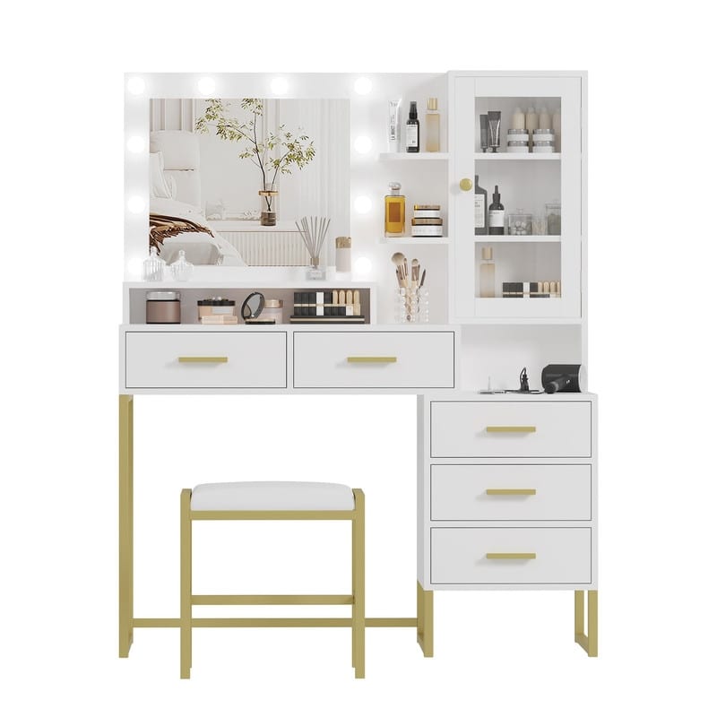 Vanity Desk with Mirror & LED Lights, Charging Station, 5 Drawers, Shelves & Stool