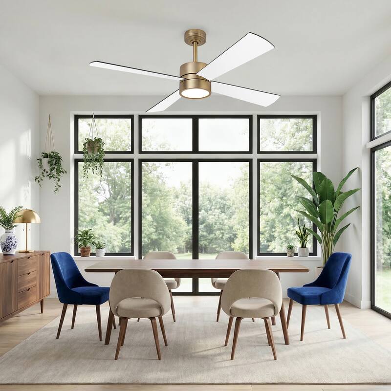 52-inch Natural Brass Plywood Indoor Downrod Mount Ceiling Fan with Integrated LED and Remote Control