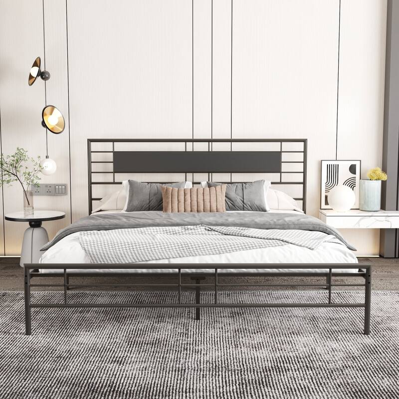NNV Full Size Platform Metal Bed Frame with Leather Upholstered Headboard
