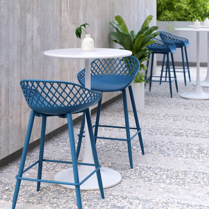 Kurv™ Mid-Century Modern Counter Stool with Steel Legs for Indoors or Outdoors - Set of 2 - Berry Blue