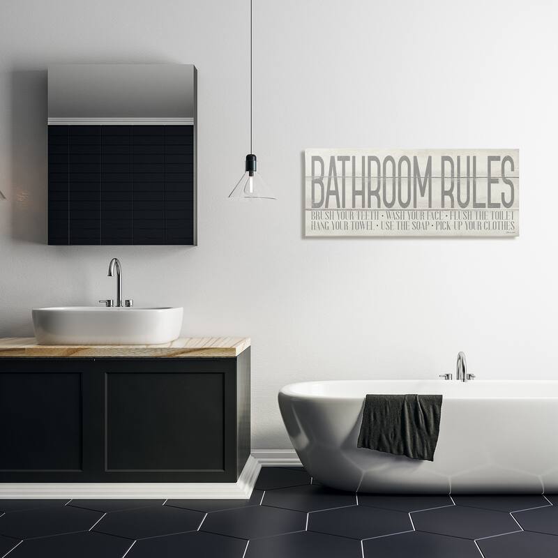 Stupell 'Bathroom Rules' Grey and White Planked Look Typography Canvas Wall Art