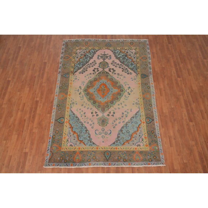 Hand Knotted Oriental 100% Wool Carpet Traditional Medallion Pink Tabriz Area Rug - 9' 7'' X 6' 4''