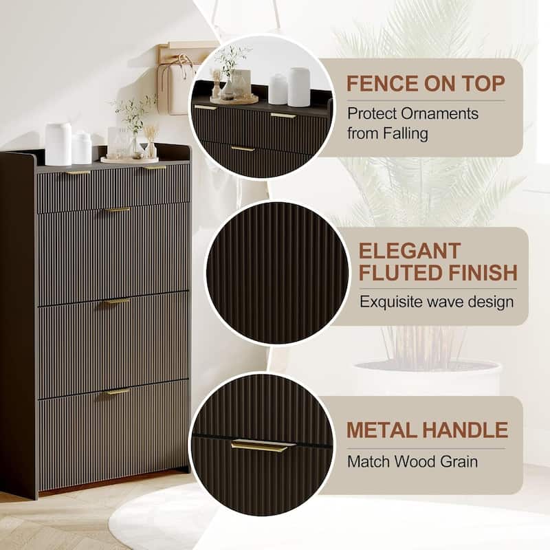 Modern Fluted Slim Shoe Storage Cabinet Organizer with 3 Flip Drawers for Apartment