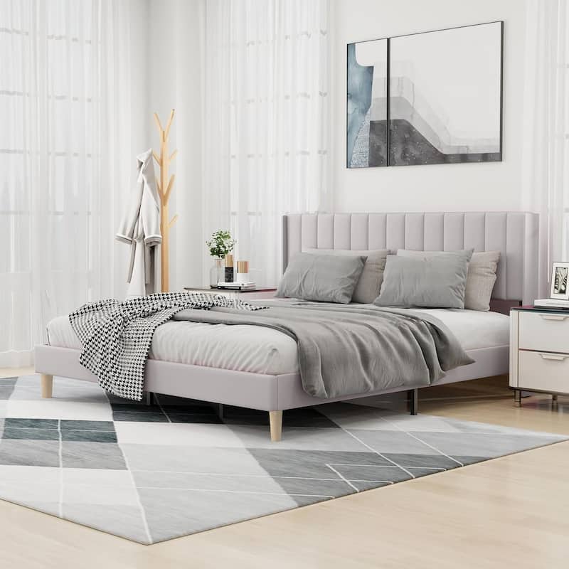 Alazyhome Upholstered Platform Bed Frame - Light Grey Linen - King
