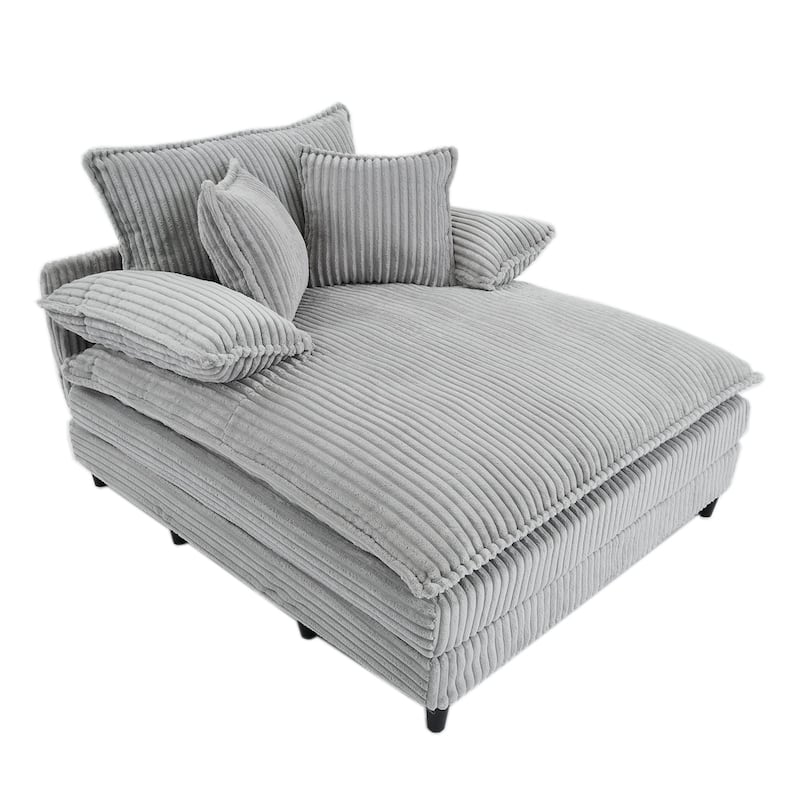 Reclining Sleeper Sofa Bed Single Chaise Lounge Corduroy Upholstered Lounge Couch Chair with Adjustable Backrest and Pillows
