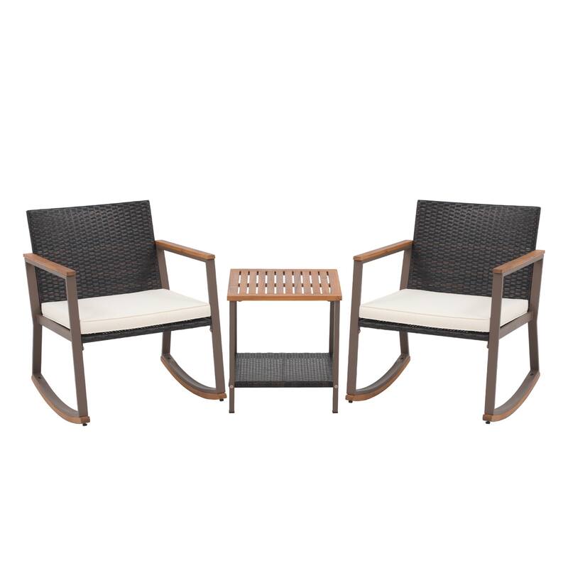 3 Pieces Rocking Wicker Bistro Set, Patio Outdoor Furniture Conversation Sets with Porch Chairs and Glass Coffee Table