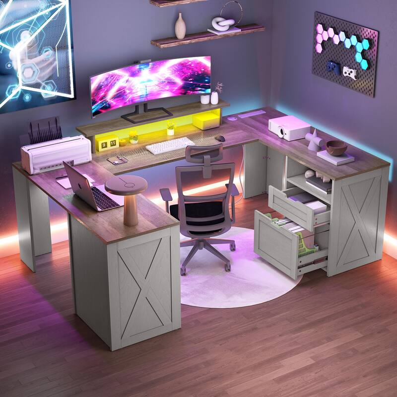 Moasis Farmhouse U-Shaped Desk with LED Lights & Power Outlet