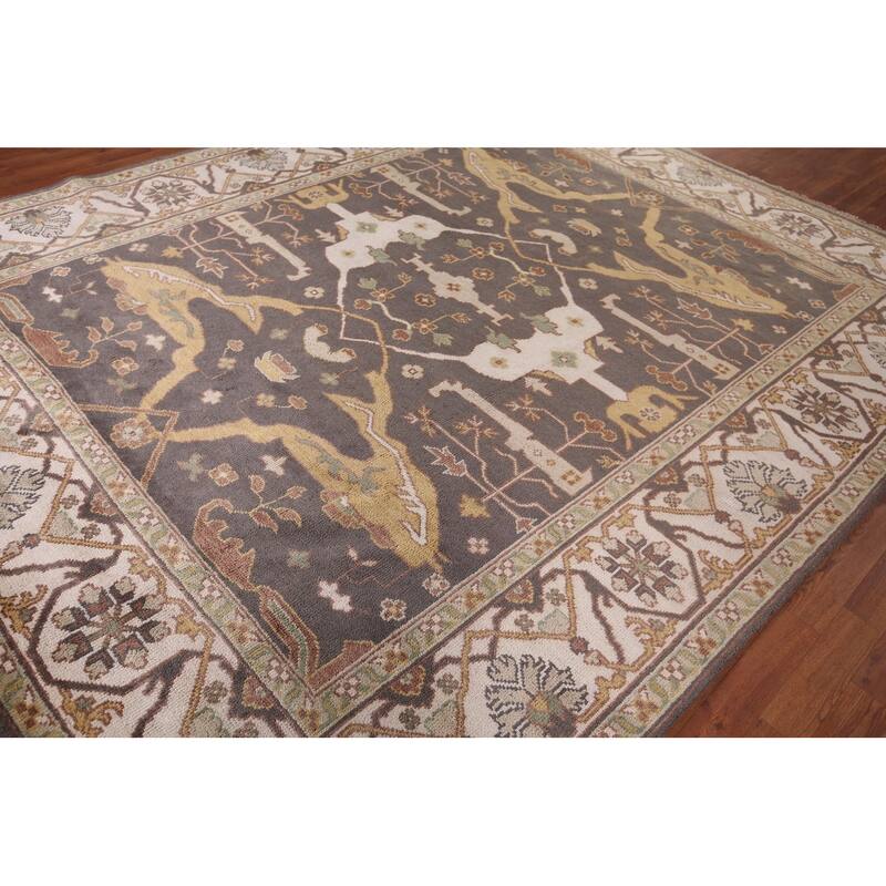 All-Over Gray & Ivory Oushak Indian Area Rug Handmade Wool Carpet - 8'1" x 9'9"