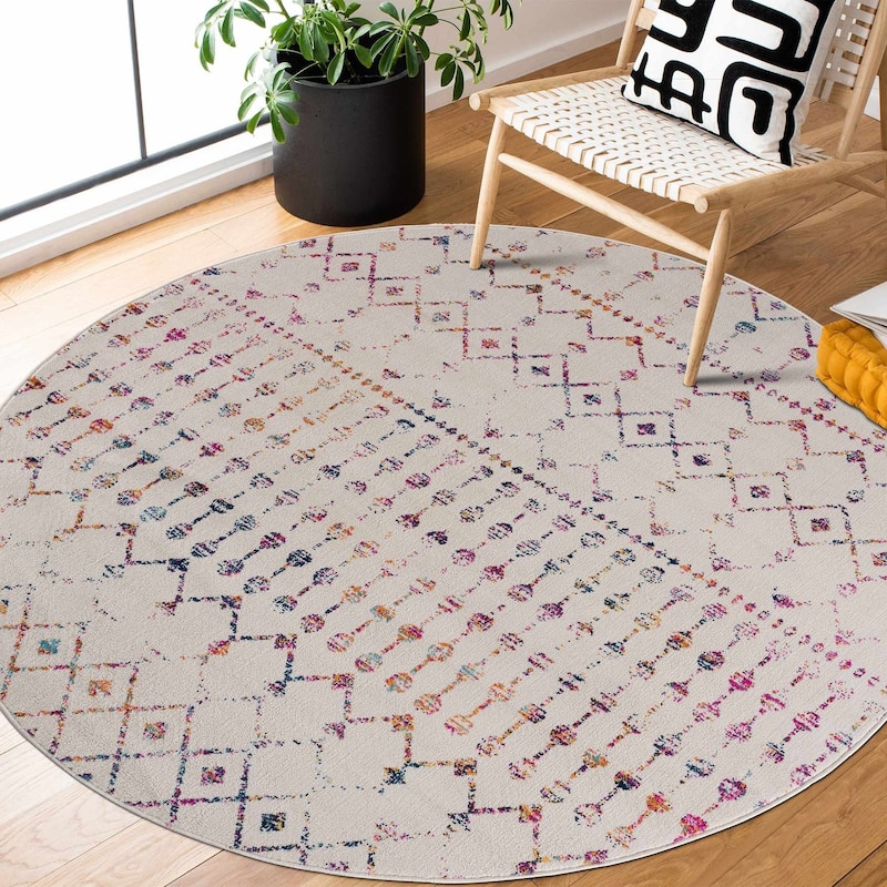 Tigris Tanu Moroccan Trellis Farmhouse Boho Area Rug - 6'7" Round - Colorful, Grey, Beige