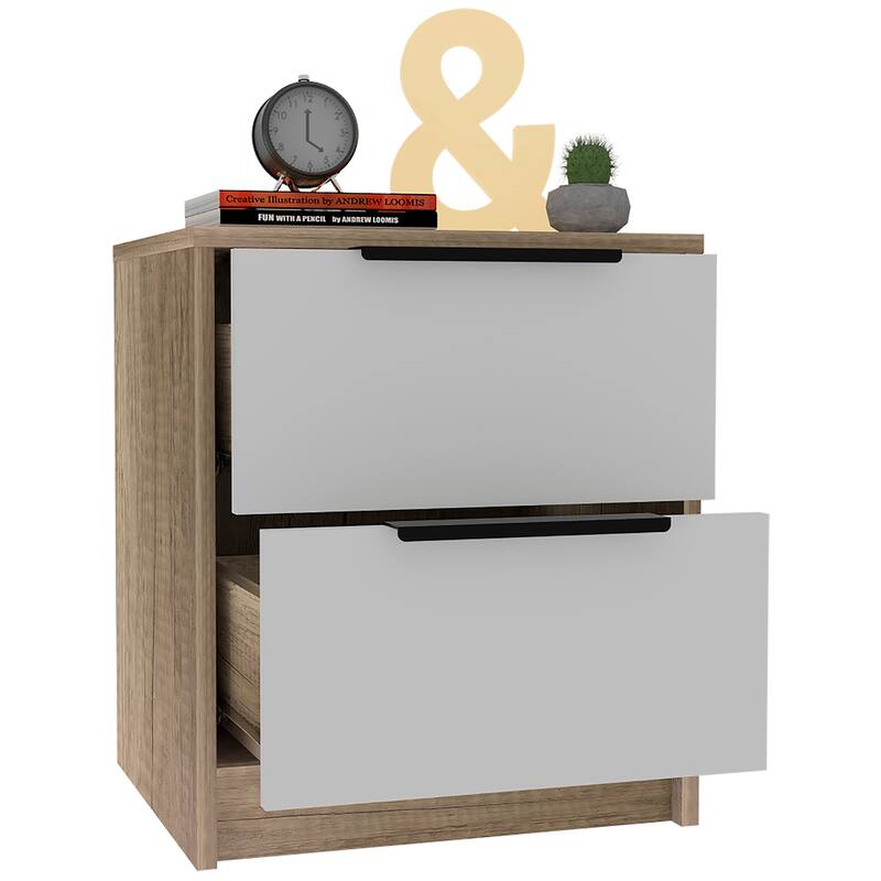 Compact Two-Drawer Nightstand with Metal Handles, White and Pine Finish, Space-Saving Design