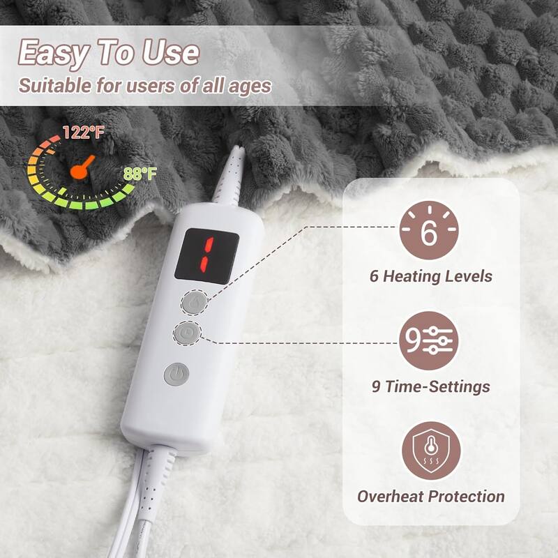 6 Heating Levels Cozy Soft Electric Heated Blanket Throw, Grey