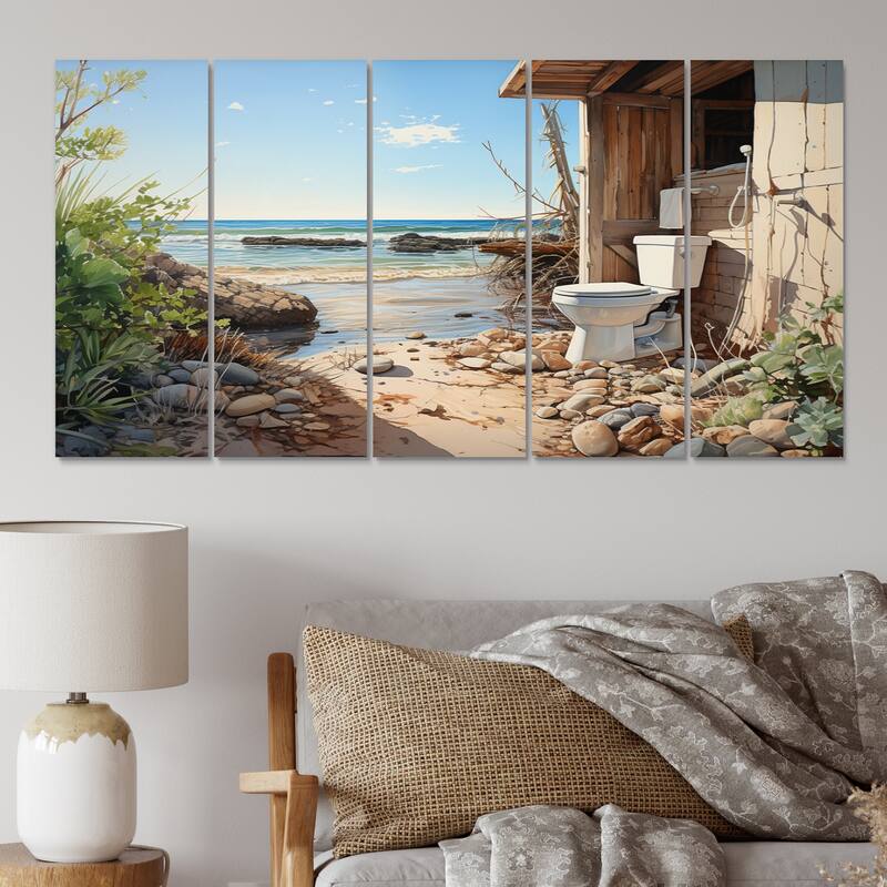 Designart "Bathroom Toilet Coastal Escape II" Bath & Laundry Multipanel Canvas Print set - 60 In. Wide X 28 In. High - 5 Panels Equal Panels