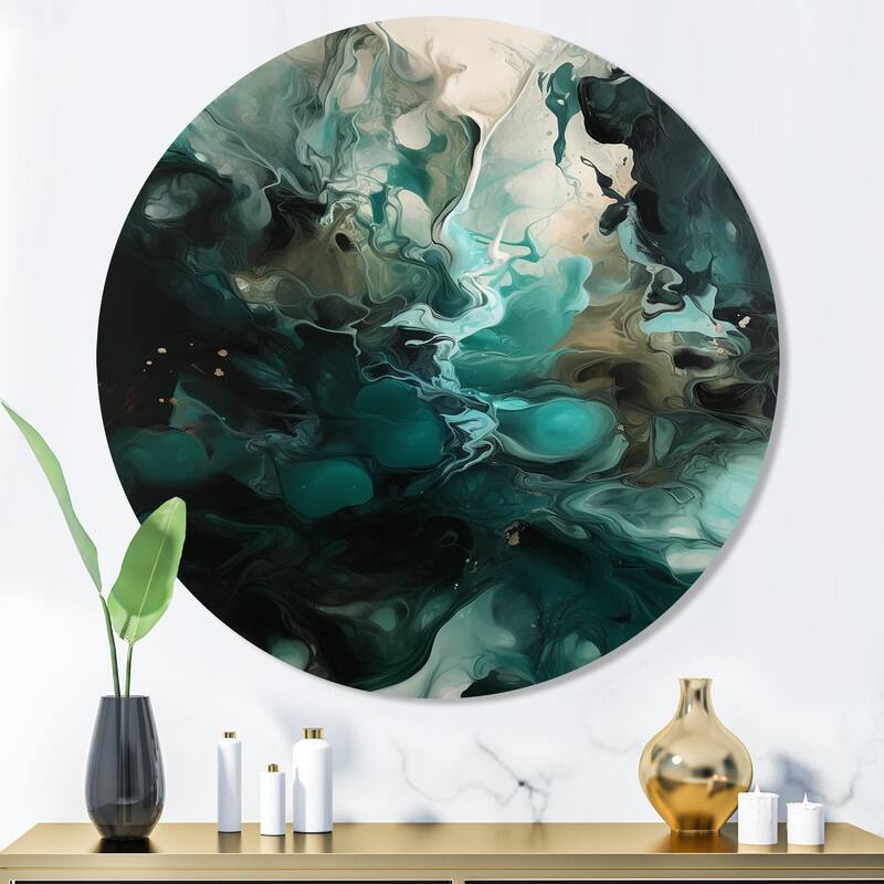 Designart "Green White Marbled Artistry III" Modern Geometric Metal Round Wall Art - 36x36 - Disc of 36 Inch