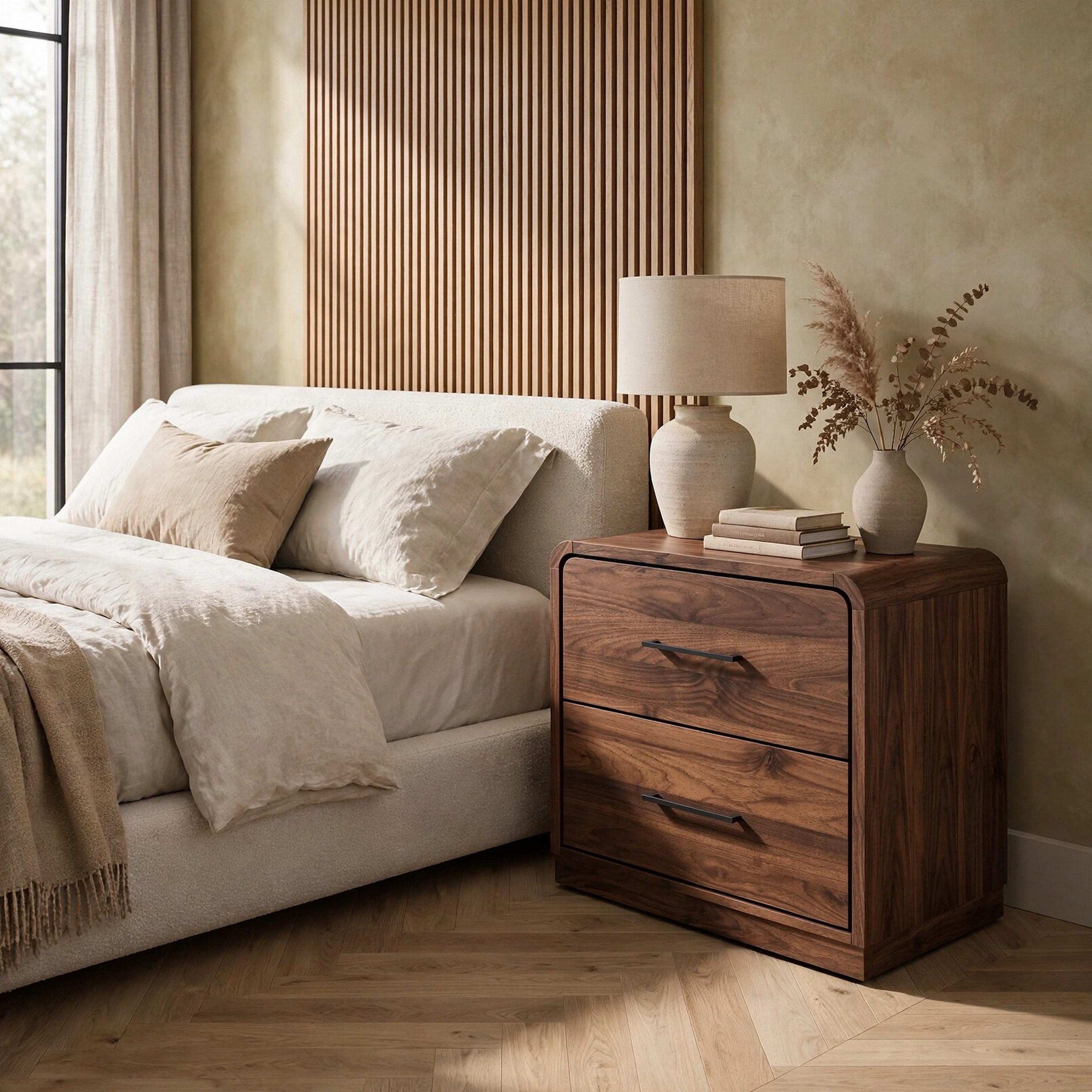 Benjara Nightstand with 2 Drawers, Black Metal, Walnut Brown Wood 24 Inch