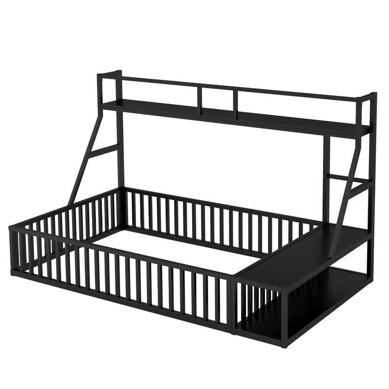 Roomfitters Full Size Metal Floor Bed with Fence, Loft Desk and Storage Shelves, Space-Saving Playhouse, Black