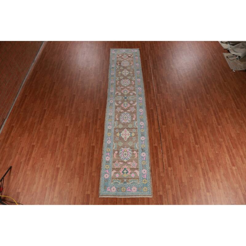 Hand Knotted Oriental 100% Wool Carpet Transitional Floral Brown Oushak Runner Rug - 15' 3'' X 3' 4''
