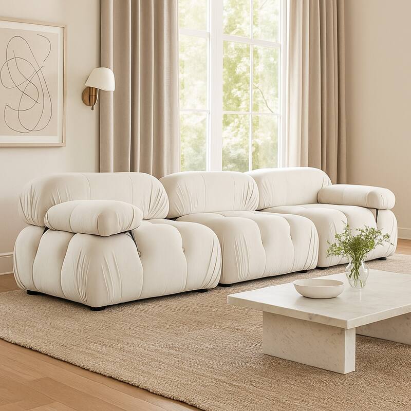 Hito 3 Piece Modular Sofa Set, 111 Inches, Light Cream Bubble Grid Tufting