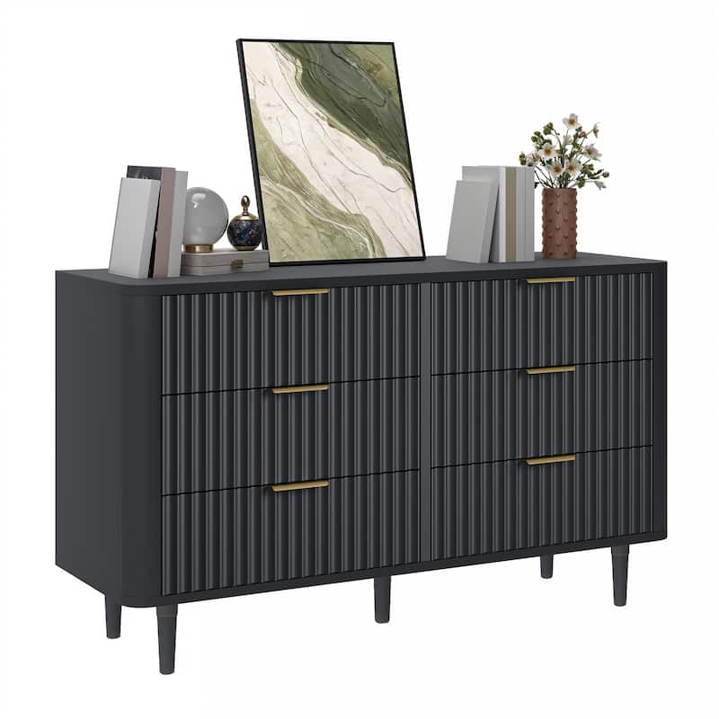 6 Drawer Wood Dresser with Wave Fluted Panel Storage Organizer for Bedroom
