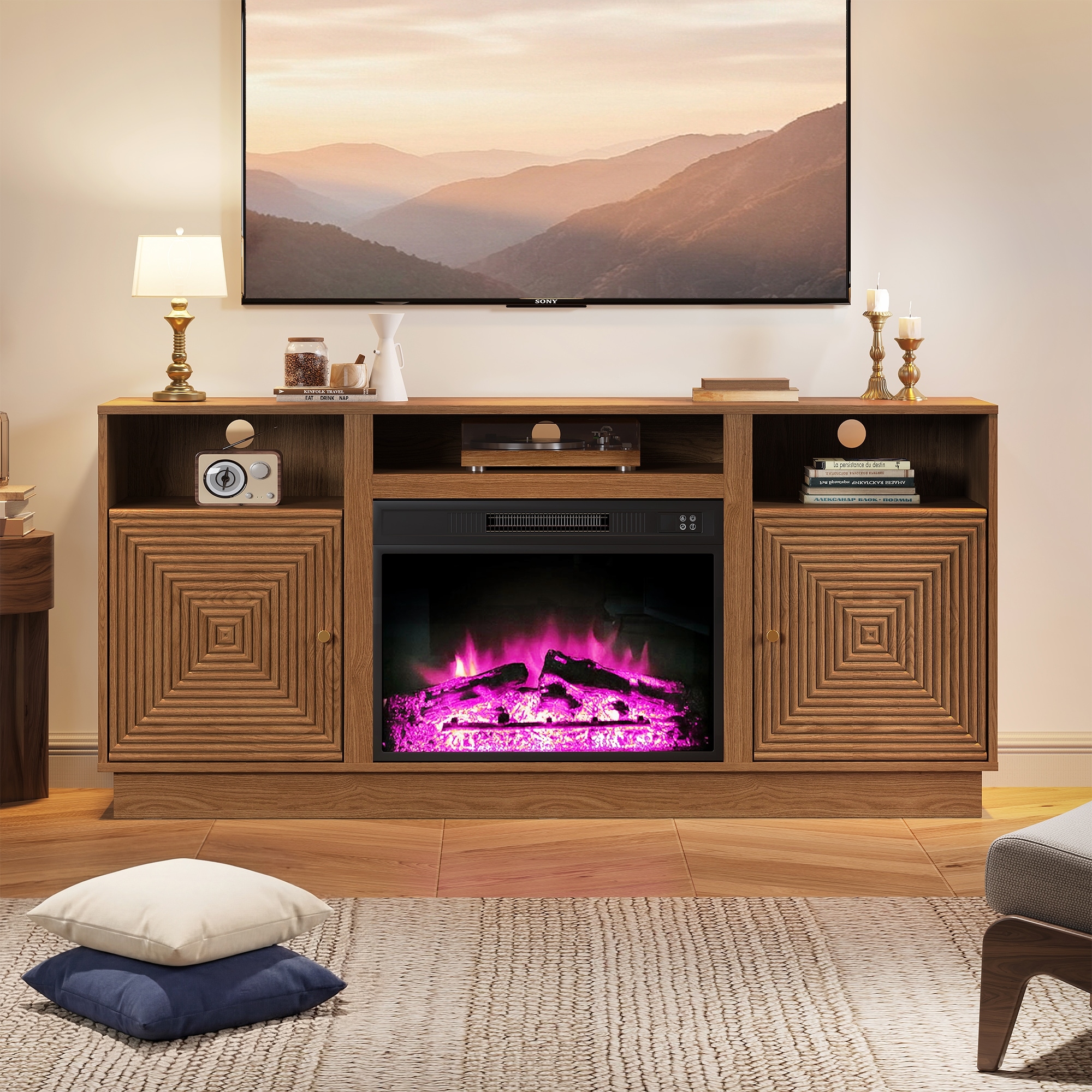 59'' Fireplace TV Stand for TVs Up to 65'' with Storage and Adjustable Shelves