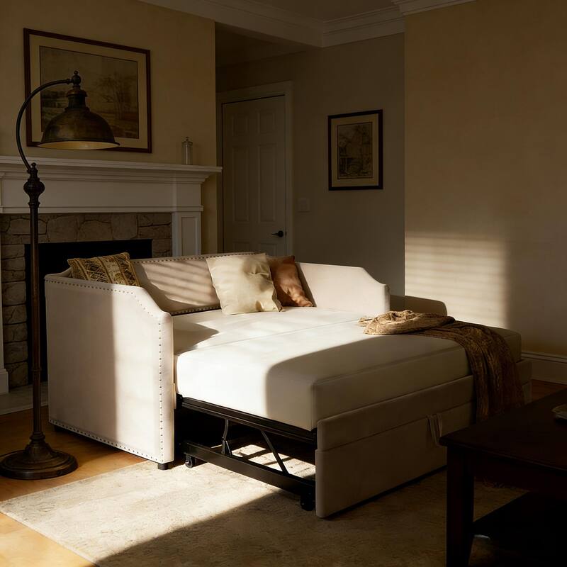 Extendable 2-in-1 Daybed Frame, Space-Saving Twin to King Design,Twin Size Velvet Upholstered Daybed with Pop Up Trundle