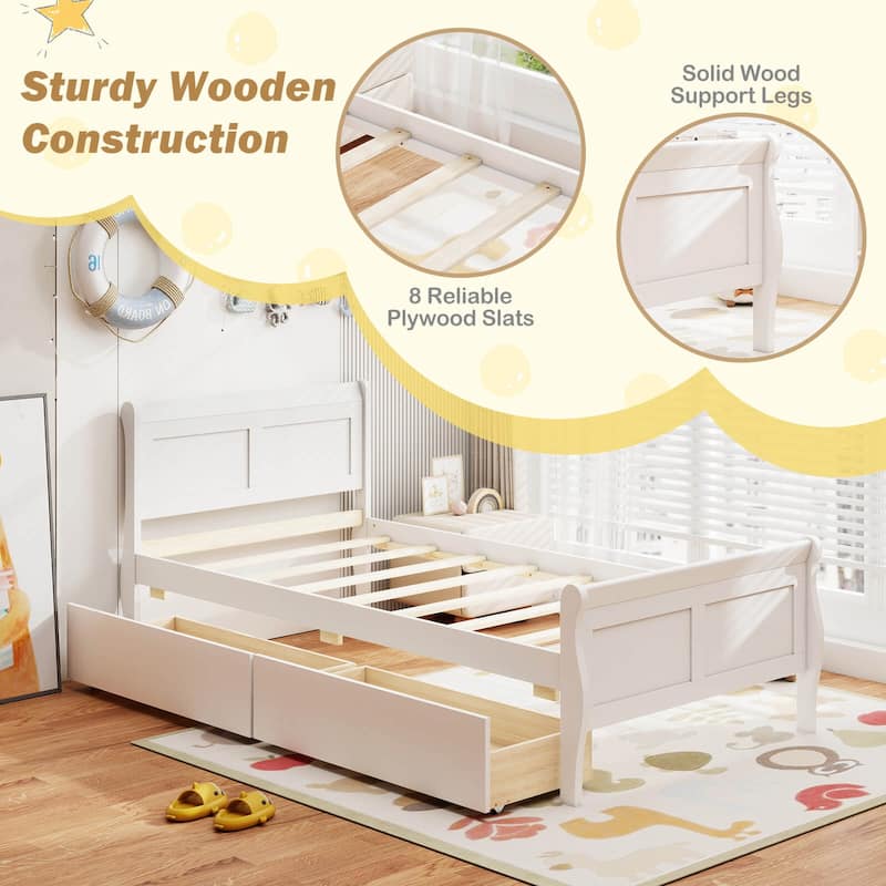 Costway Twin Size Bed Frame with 2 Storage Drawers Wood Platform Bed