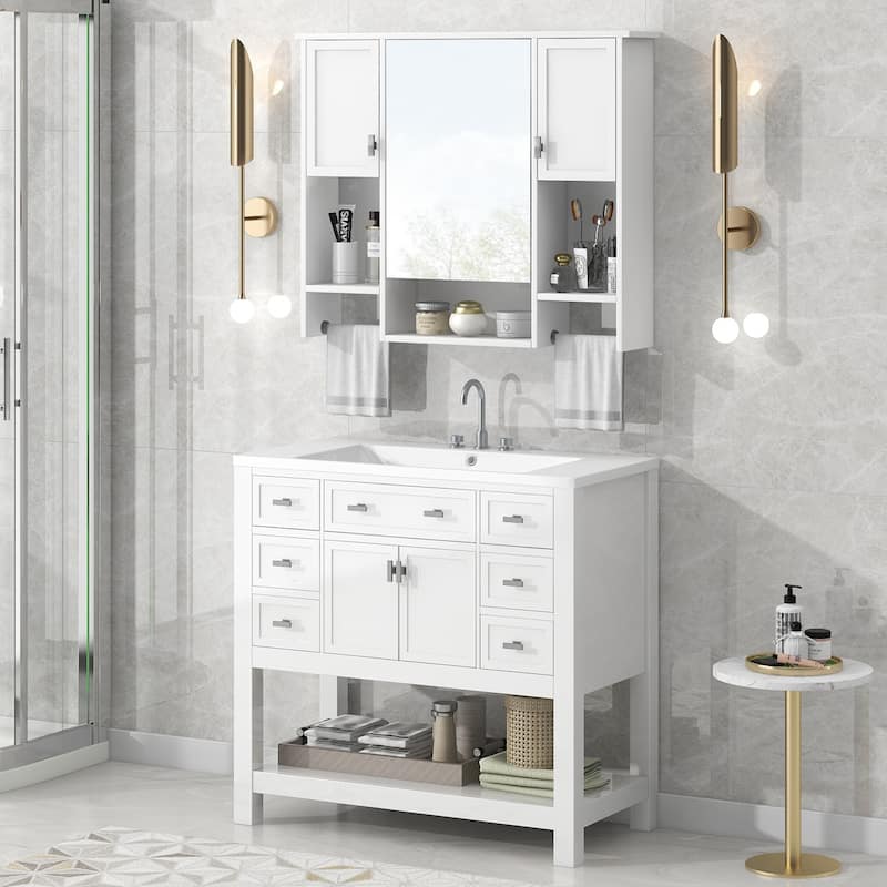 36'' Bathroom Vanity Set with Mirror Cabinet, Freestanding Bathroom Storage Cabinet with 2 Soft Close Doors and 6 Drawers