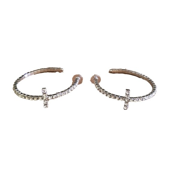 eli k Silver Clear Crystal Sideways Cross Medium Hoop Earring