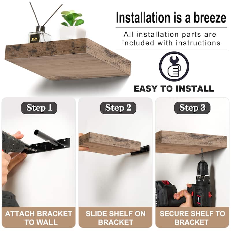 3 Pack Square Mounted Floating Shelves - Rustic Wood Display Ledge Storage Shelf
