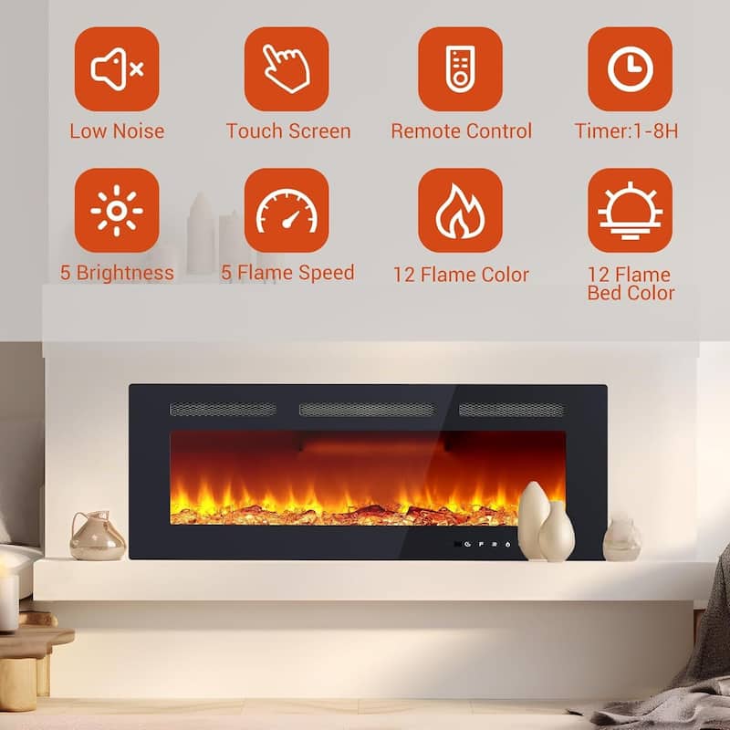 40Inch Recessed Electric Fireplace Heater with Timer, Touch Screen - N/A