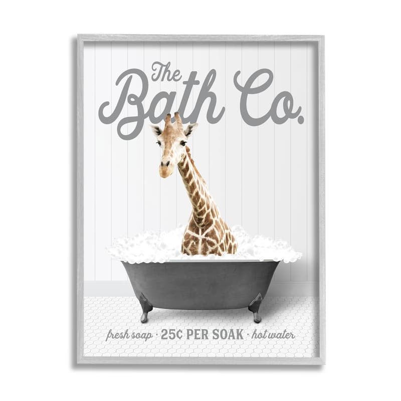 Stupell Giraffe in Bubble Bath Framed Giclee Art Design by Lettered and Lined - 11 x 14 - Grey