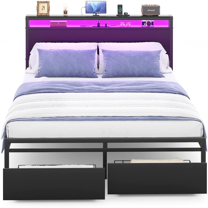 Platform Bed with Storage Headboard, Bed Frame with Charge Station and LED Light